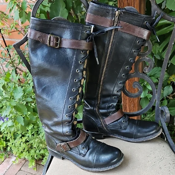 Frye Combat Moto Boots Black and Brown Leather - Picture 14 of 14